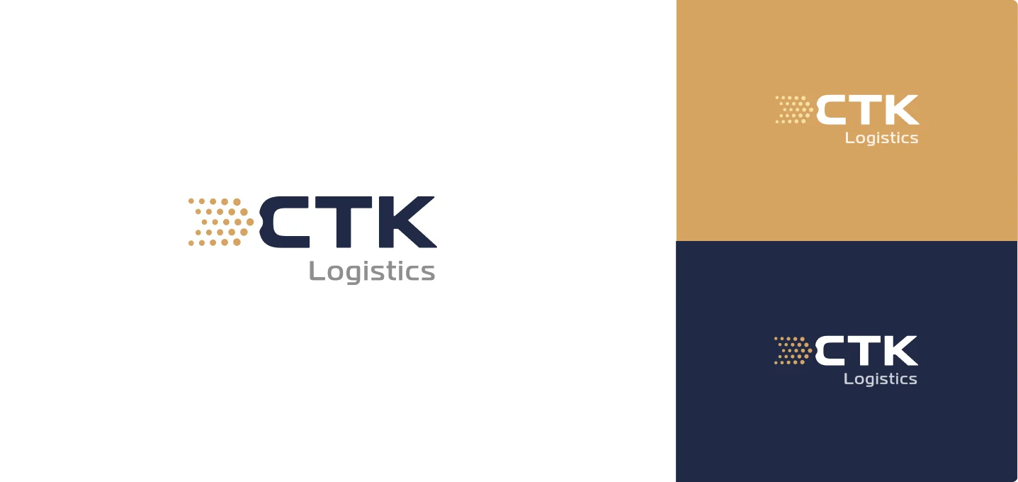 Logo CTK Logistics w trzech wariantach kolorystycznych – białym, złotym i granatowym. Nowoczesny design podkreśla profesjonalizm i elegancję marki.