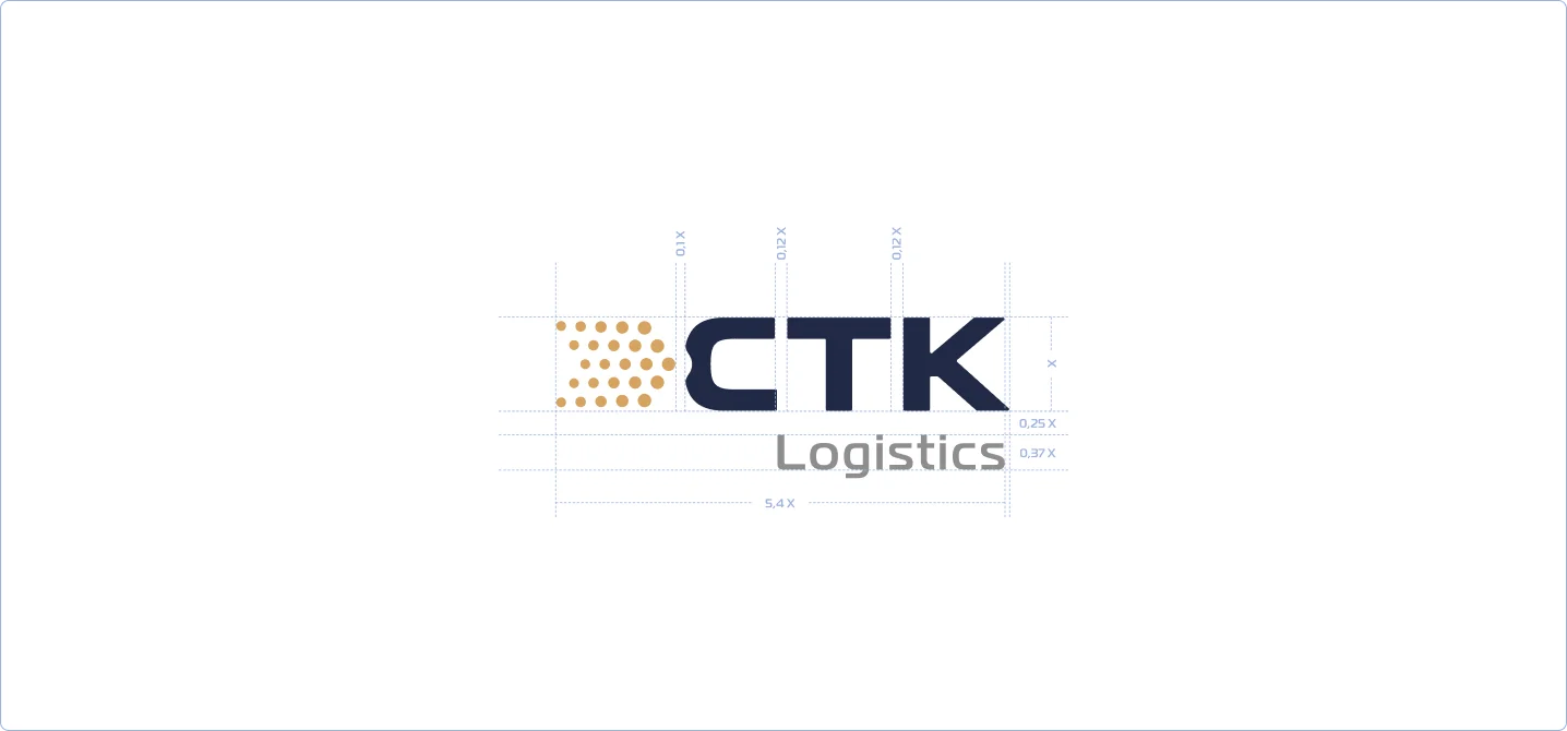 Prezentacja siatki konstrukcyjnej logo CTK Logistics. Precyzyjne proporcje i układ zapewniają estetykę oraz spójność wizualną marki w różnych zastosowaniach.