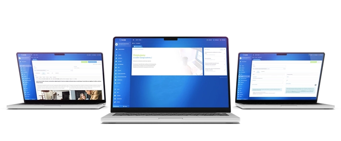Trzy laptopy prezentujące różne funkcje CMS – edycję treści, zarządzanie stroną i ustawienia. Dynamiczne tło podkreśla nowoczesność
