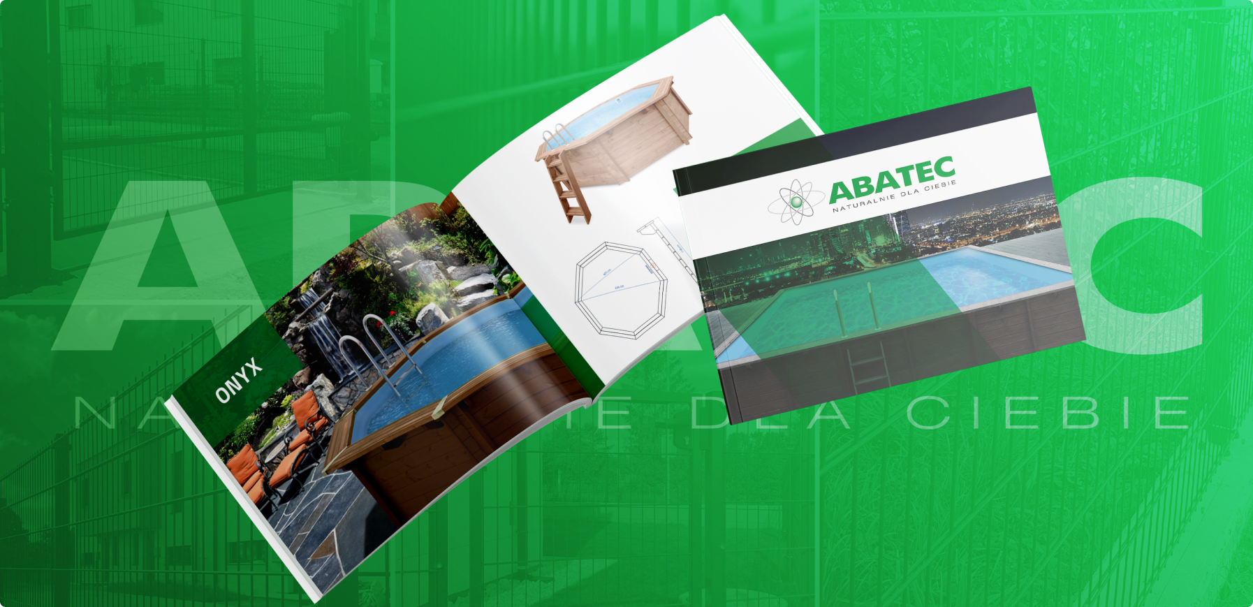 Grafika przedstawia katalog produktów marki ABATEC, specjalizującej się w basenach drewnianych. Widoczne są zdjęcia, schematy i elegancki design katalogu.