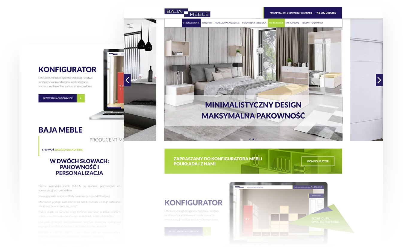 Konfigurator mebli Baja Meble oferuje 148 elementów, nieskończone kombinacje i 16 gotowych konfiguracji. Możesz pobrać projekt jako PDF ze wstępną wyceną.
