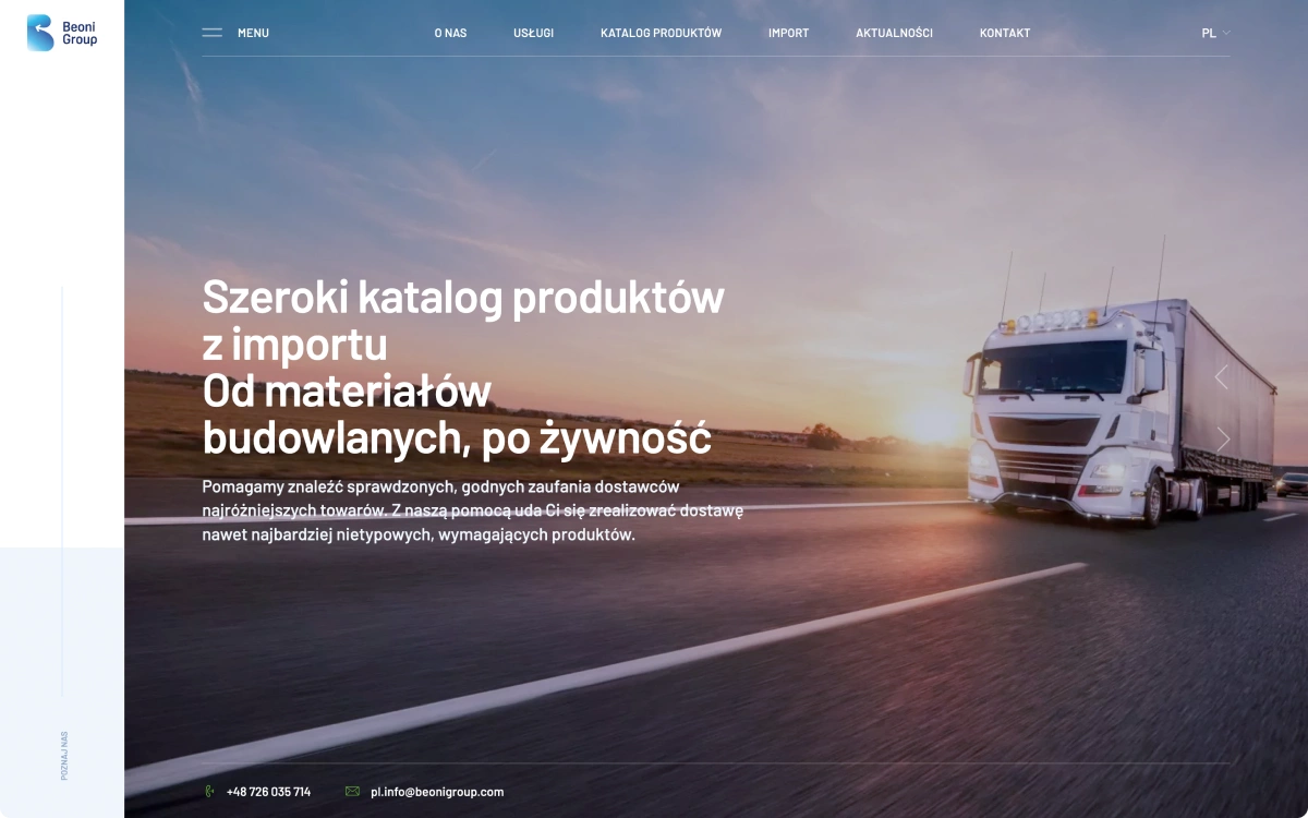 Strona Beoni Group prezentuje import i dystrybucję produktów. Główna grafika to jadąca ciężarówka, a oferta obejmuje materiały budowlane, żywność i logistykę.