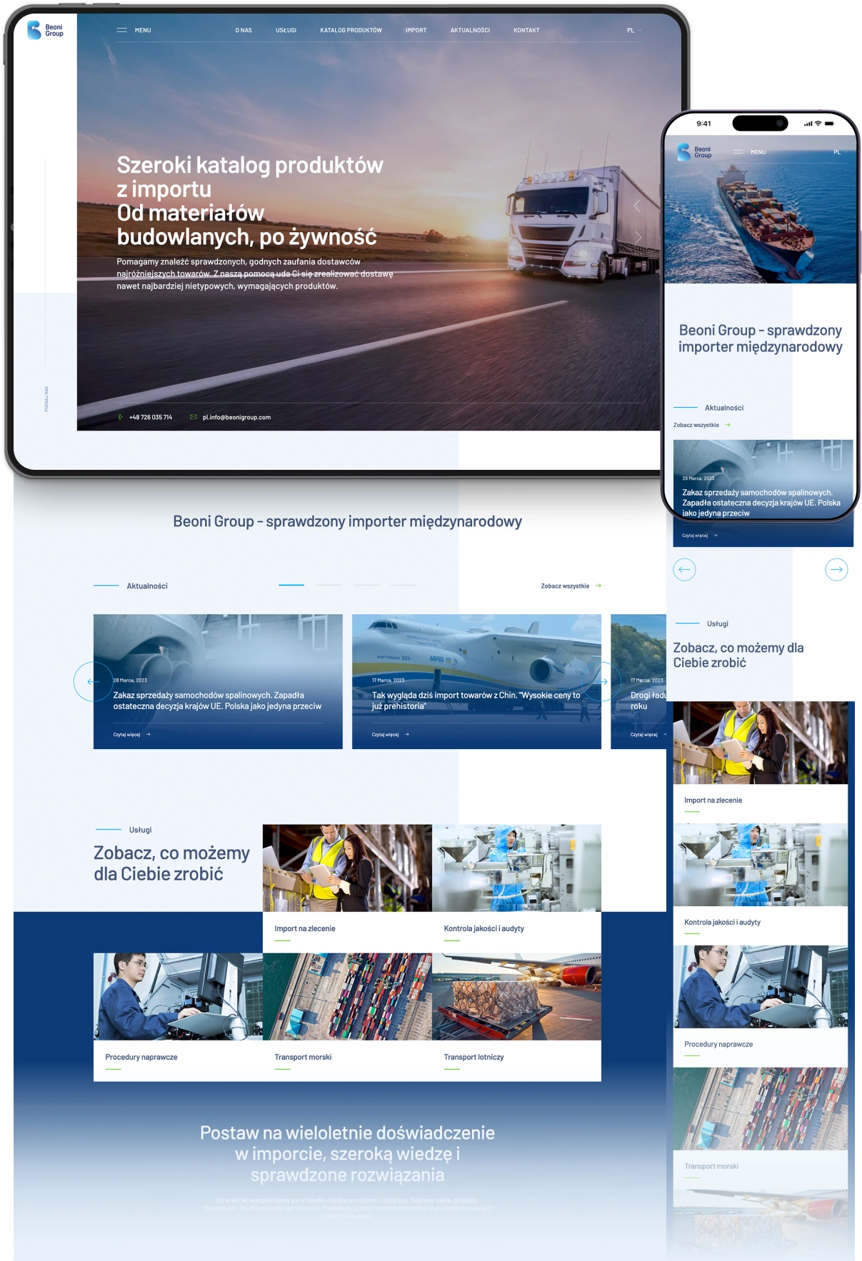 Zdjęcia przedstawiają stronę Beoni Group, firmę importową. Pierwsze ukazuje ciężarówkę i hasło o szerokiej ofercie. Drugie pokazuje terminal portowy na laptopie. Trzecie prezentuje stronę na różnych urządzeniach z ofertą usług, importu i transportu.