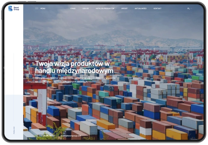 Pierwsze zdjęcie ukazuje terminal przeładunkowy z kontenerami i hasłem „Twoja wizja produktów w handlu międzynarodowym”, podkreślającym działalność Beoni Group.