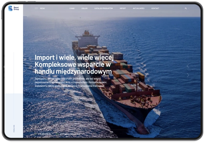 Drugie przedstawia statek transportowy na morzu, z informacją o kompleksowym wsparciu w imporcie, logistyce i finansowaniu transakcji.