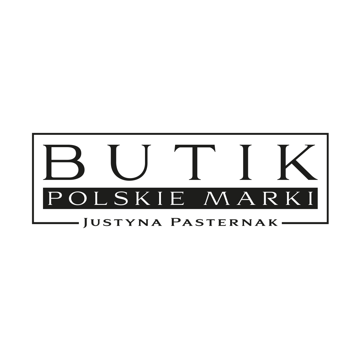 Logo Butik Polskie Marki Justyny Pasternak cechuje klasyczna elegancja. Proste, wyrafinowane liternictwo w ramce podkreśla luksusowy i prestiżowy charakter marki.
