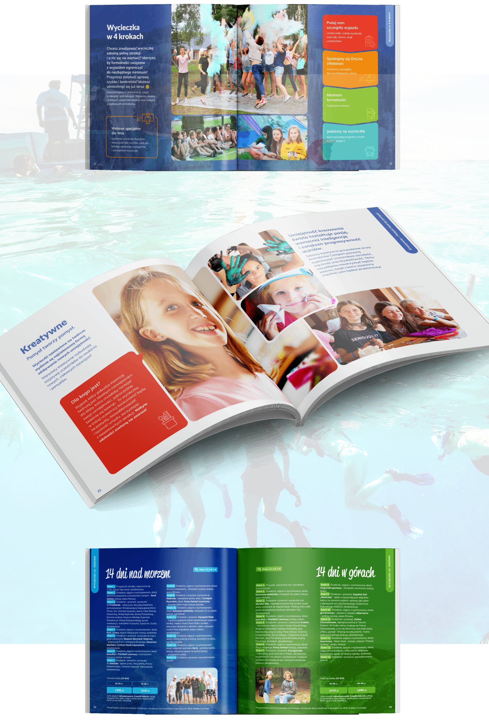 Katalog Camp Port – oferta wycieczek i aktywności. Kolorowa prezentacja dzieci biorących udział w zabawach, warsztatach i kreatywnych zajęciach. Podkreślony radosny, przygodowy klimat.
