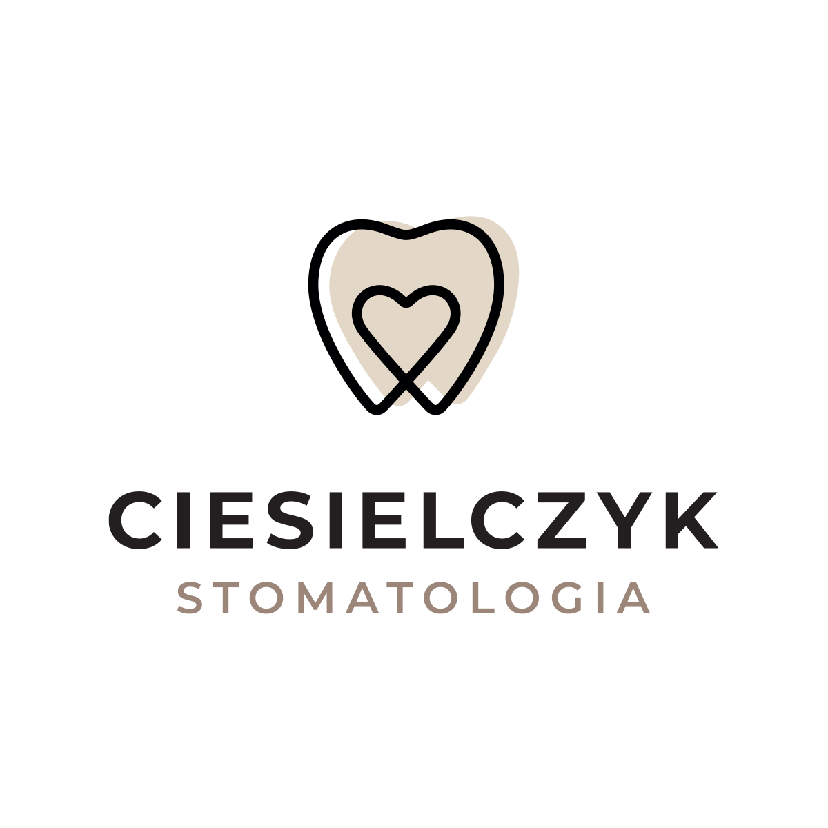 To logo marki Ciesielczyk Stomatologia, łączące symbol zęba i serca, co sugeruje troskę o zdrowie pacjentów. Kolorystyka jest stonowana, elegancka i profesjonalna.