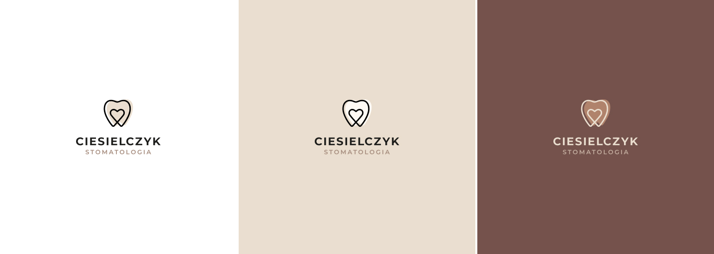 Identyfikacja Ciesielczyk Stomatologia łączy ząb i serce, podkreślając troskę o uśmiech. Beże i brązy budują zaufanie, elegancję i komfort.