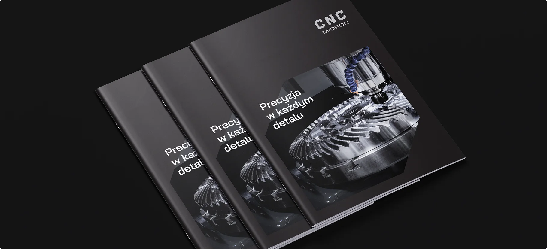 Elegancki katalog CNC Micron z hasłem „Precyzja w każdym detalu”. Nowoczesny design, czarna okładka i obraz precyzyjnej obróbki metalu podkreślają profesjonalizm.