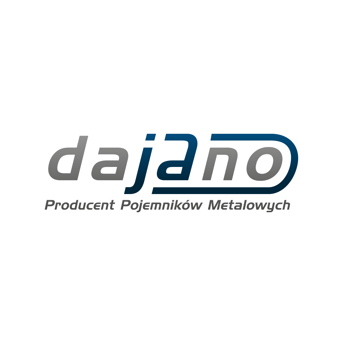 Logo "dajano" w kolorystyce szaro-niebieskiej. Dynamiczna typografia i nowoczesny symbol zagięcia podkreślają przemysłowy i innowacyjny charakter firmy produkującej pojemniki metalowe.