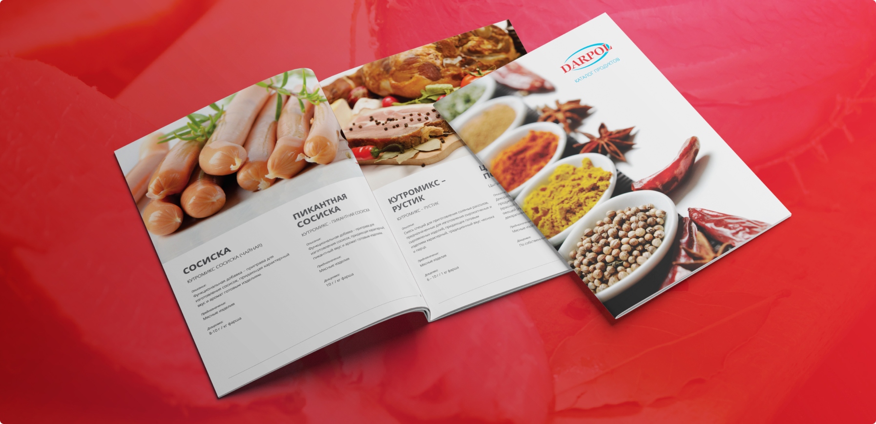 Grafika przedstawia katalog firmy DARPOL, prezentujący ofertę produktów spożywczych. Zawiera zdjęcia przypraw, wędlin oraz opisy składu i specyfikacji.