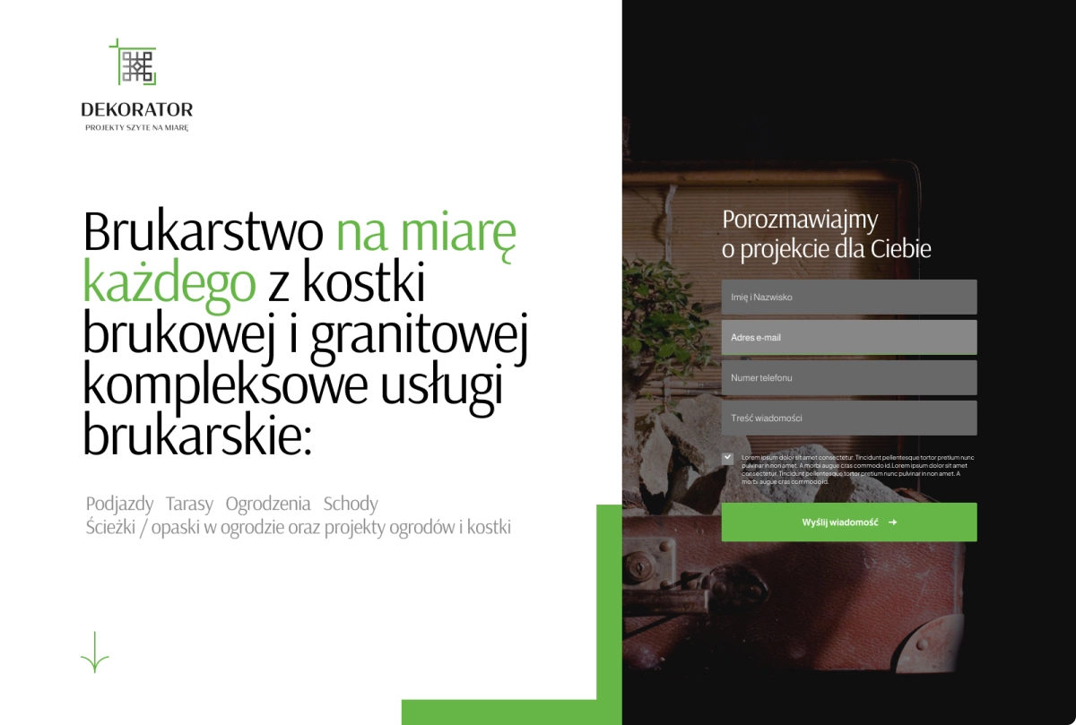 Na zdjęciu strona internetowa firmy zajmującej się usługami brukarskimi, oferującej kompleksowe usługi z kostki brukowej i granitowej.