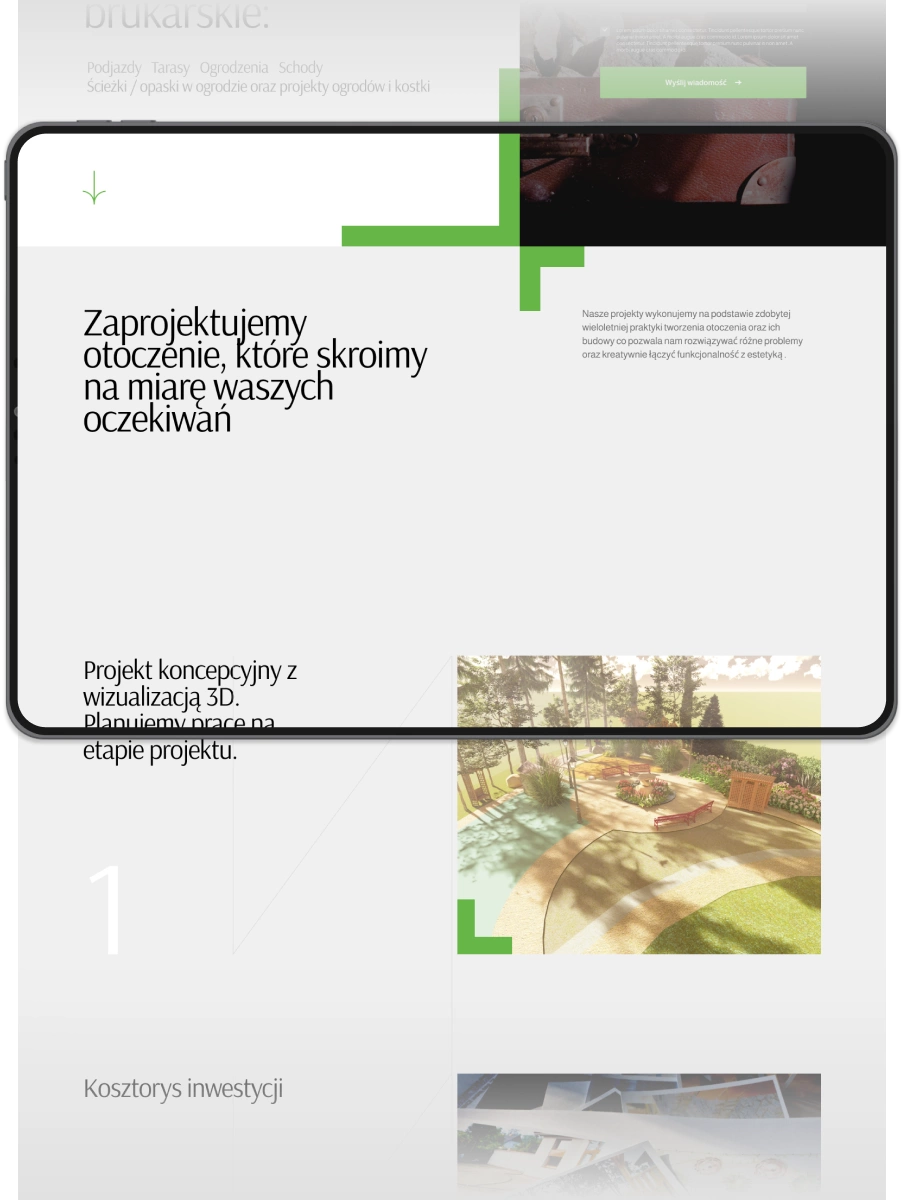 Na zdjęciu strona internetowa firmy brukarskiej przedstawiająca proces realizacji projektów: od koncepcji, przez kosztorys inwestycji, po wykonawstwo.