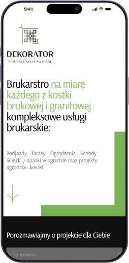 Na zdjęciu widać mobilną wersję strony na zielonym tle internetowej firmy zajmującej się brukarstwem, prezentującą ofertę usług oraz przykładowy projekt.
