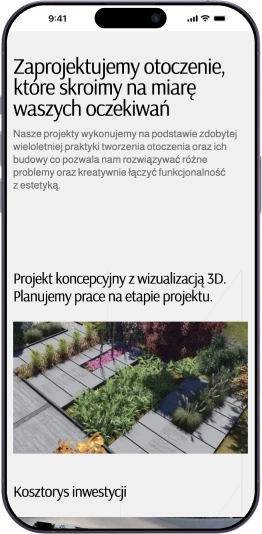 Na zdjęciu widać mobilną wersję strony internetowej z obramowaniem firmy zajmującej się brukarstwem, prezentującą ofertę usług oraz przykładowy projekt.