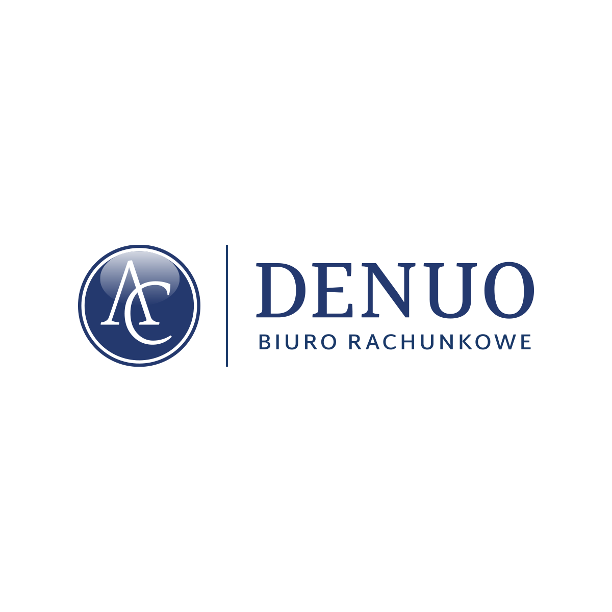 Logo "DENUO Biuro Rachunkowe" w eleganckiej granatowo-białej kolorystyce. Monogram w okręgu oraz klasyczna typografia podkreślają profesjonalizm i zaufanie w usługach księgowych.