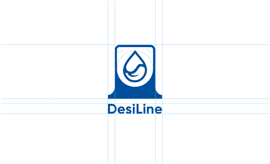 Na obrazku znajduje się logo „DesiLine”, z symbolem kropli wody i prostą grafiką przedstawiającą dozownik. Całość jest w kolorze niebieskim. Logo ma wyraźnie zarysowane linie, sugerujące elementy konstrukcyjne projektu.