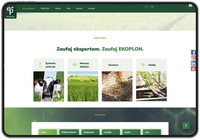 Pierwszy ekran pokazuje hasło „Zaufaj ekspertom. Zaufaj EKOPLON.” i cztery kategorie produktów. 