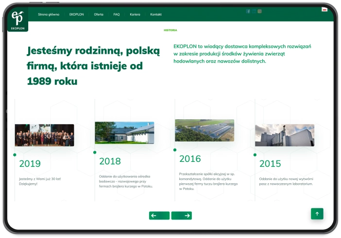 Strona Ekoplo podkreśla historię firmy.