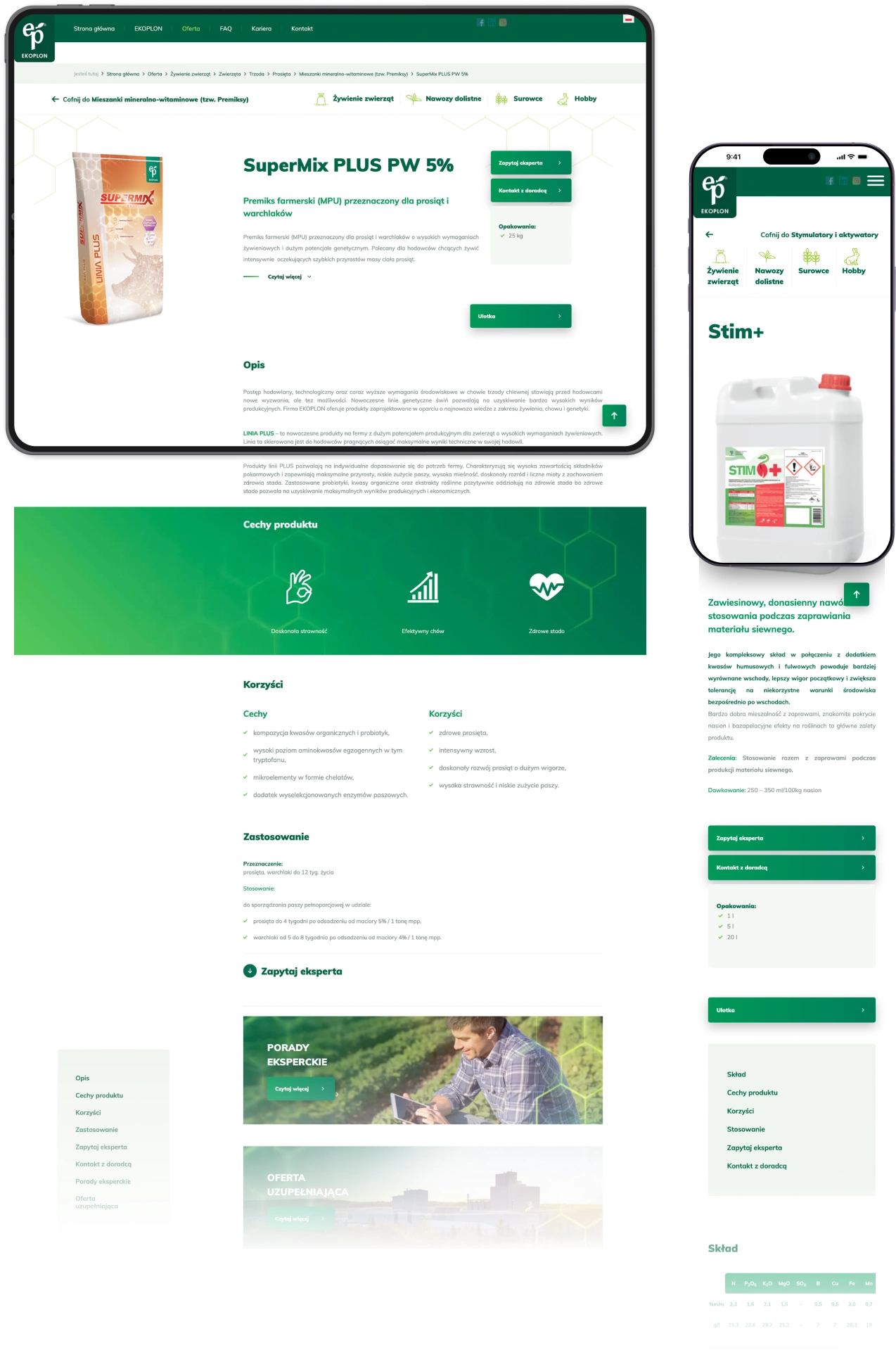 Na tablecie widoczna jest strona produktu SuperMix PLUS PW 5%, będącego premiksem paszowym przeznaczonym dla prosiąt i warchlaków. Na ekranie smartfona prezentowany jest produkt Stim+, będący zawiesinowym nawozem dolistnym, stosowanym przy zaprawianiu materiału siewnego.