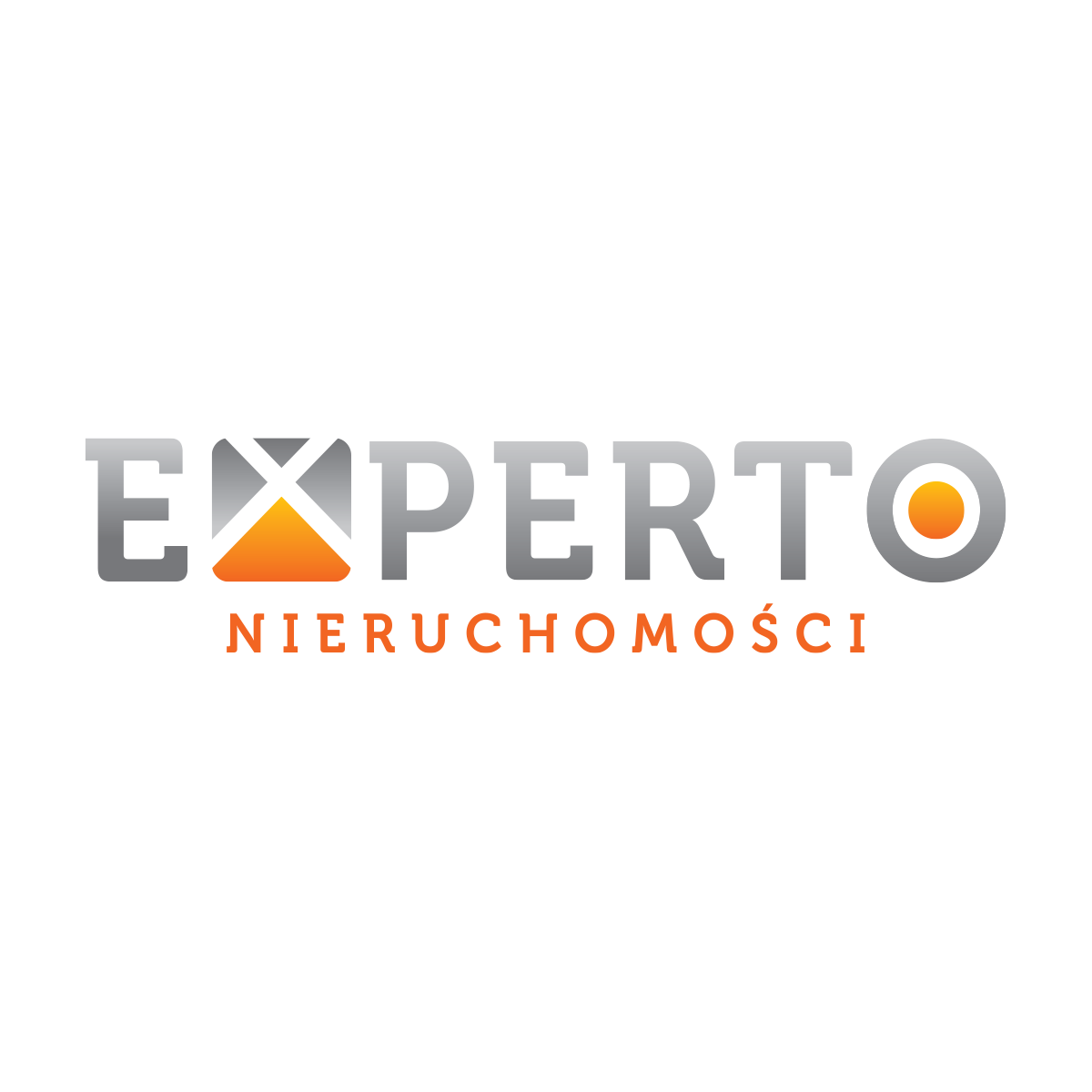 Logo "EXPERTO NIERUCHOMOŚCI" w odcieniach szarości i pomarańczu. Stylizowane litery „X” i „O” symbolizują nowoczesność i profesjonalizm w branży nieruchomości.