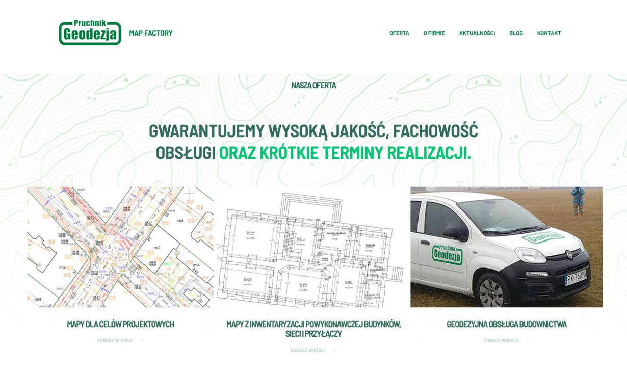 Zdjęcie przedstawia stronę internetową firmy geodezyjnej, prezentującą ofertę usług: mapy do celów projektowych, mapy do celów prawnych oraz geodezyjną obsługę budownictwa. W tle widoczny jest samochód firmy, a nagłówek podkreśla wysoką jakość i krótkie terminy realizacji.