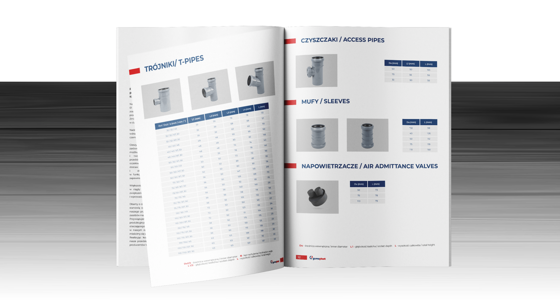 Katalog Gumoplast – prezentacja elementów systemów rur takich jak trójniki, czyszczaki, mufy i napowietrzniki. Przejrzysty układ, zdjęcia i szczegółowe specyfikacje produktów.