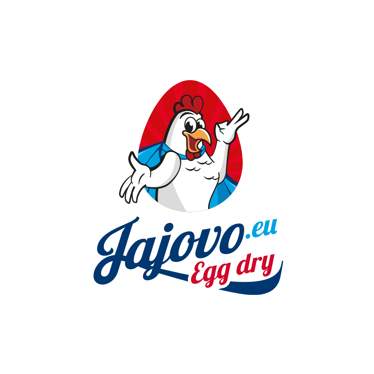 Logo Jajovo.eu Egg Dry przedstawia uśmiechniętą kurę w superbohaterskim geście na tle czerwonego jajka. Tekst w dynamicznym, eleganckim kroju, łączy niebieski i czerwony.