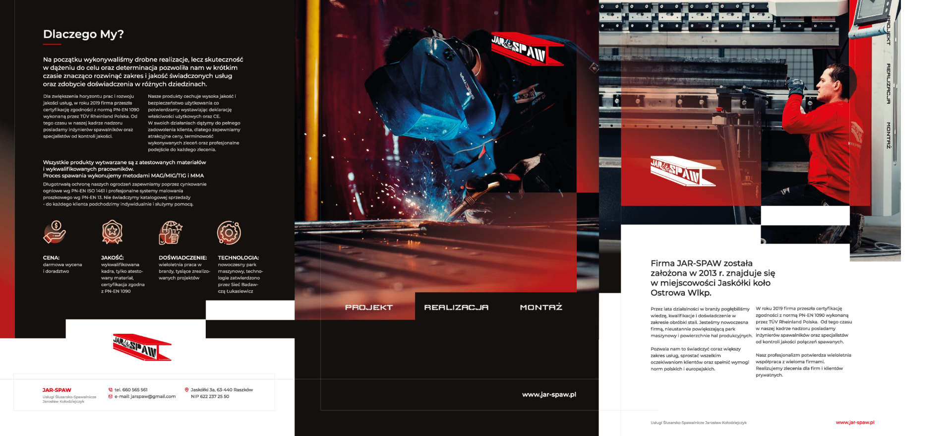 Katalog JULSPAW – sekcja "Dlaczego My?" z prezentacją usług i wartości firmy. Profesjonalny design, zdjęcia pracowników i detale techniczne podkreślają doświadczenie i jakość usług.