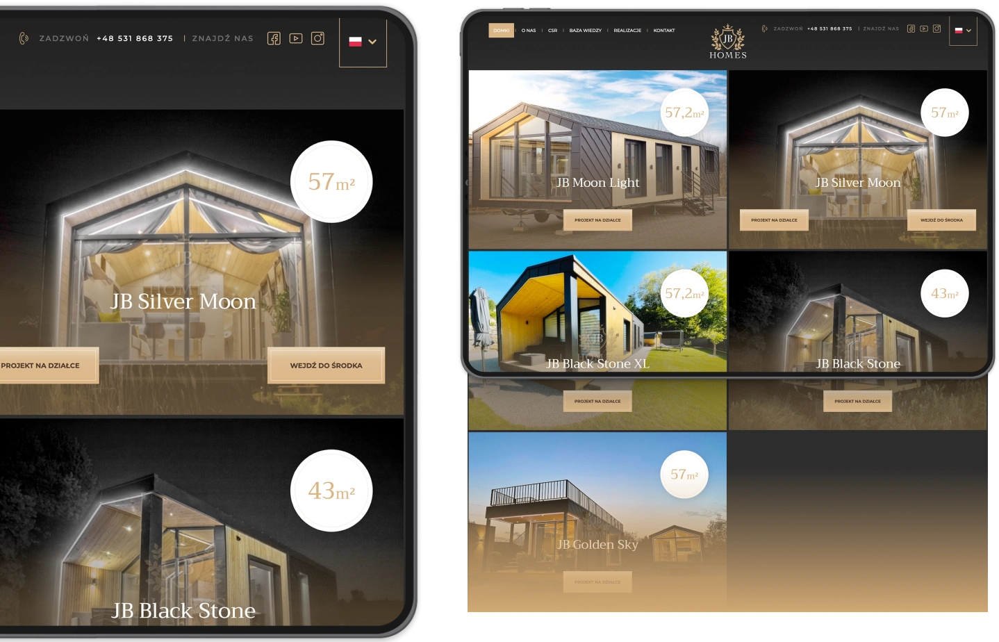 Na zdjęciu widoczna jest strona internetowa JB Homes, prezentująca modele domów mobilnych, takie jak "JB Silver Moon" i "JB Black Stone" o powierzchni 43m² i 57m². Wersja mobilna i desktopowa ukazują różne opcje domów z przyciskami do dalszego odkrywania.