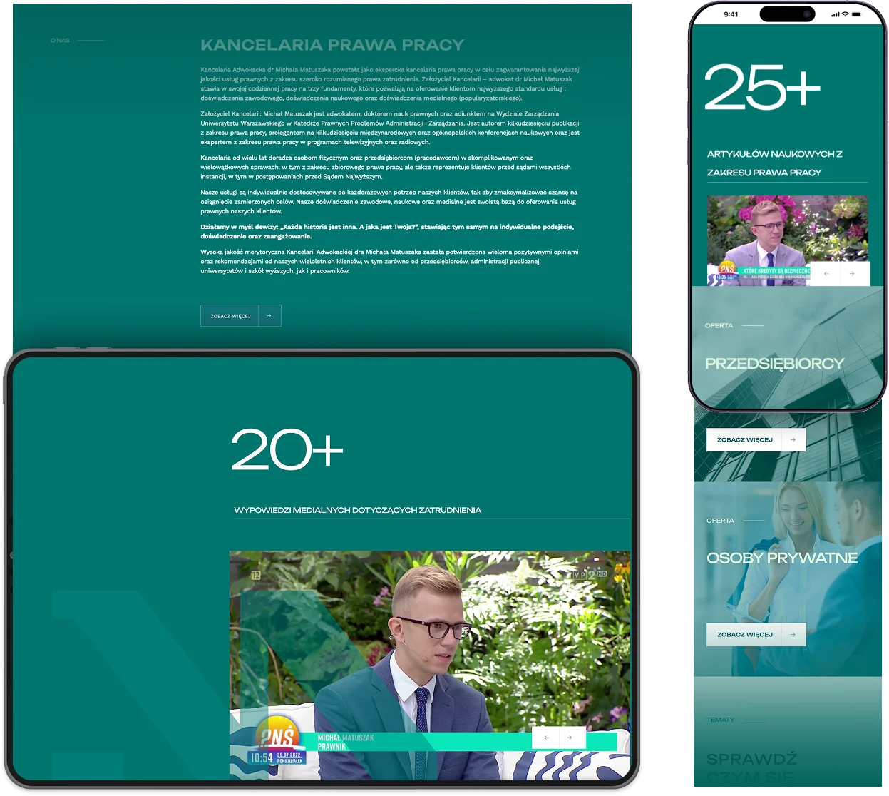 Na zdjęciu widzimy dwa urządzenia wyświetlające stronę internetową Kancelarii Prawa Pracy Michała Matuszaka. Na tablecie widoczna jest strona z tytułem " KANCELARIA PRAWA PRACY"