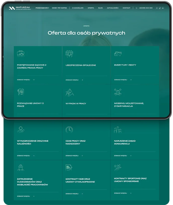 Po prawej stronie widać ekran telefonu z ofertą dla osób prywatnych, z kategoriami