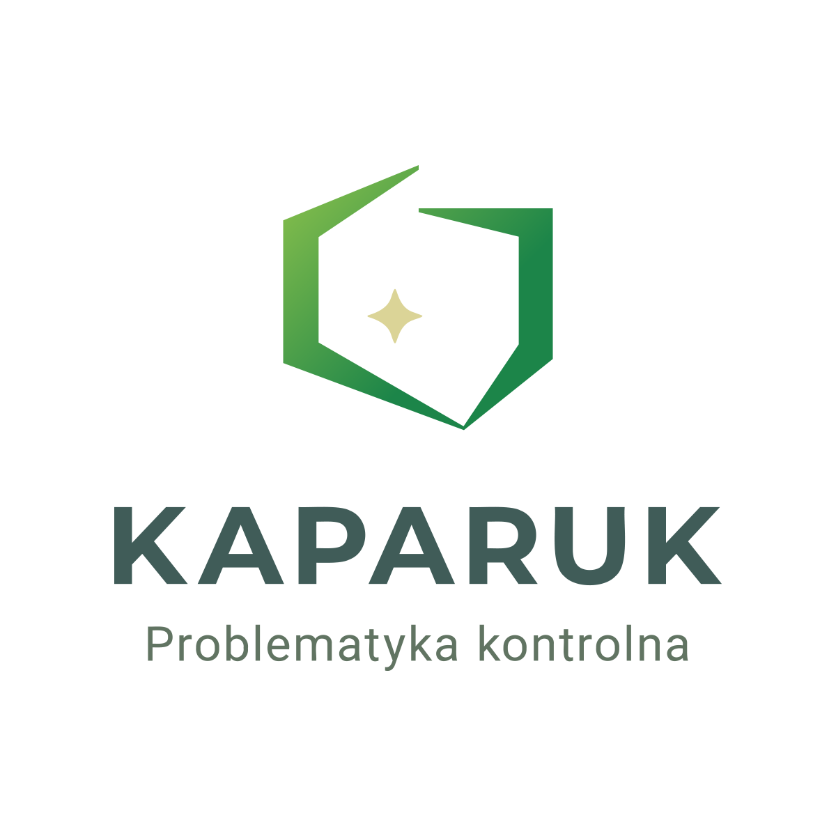 Logo KAPARUK przedstawia nowoczesny, geometryczny symbol w odcieniach zieleni z gwiazdką w centrum, sugerującą jakość i precyzję. Podpis Problematyka kontrolna wskazuje na specjalizację w kontroli i nadzorze.