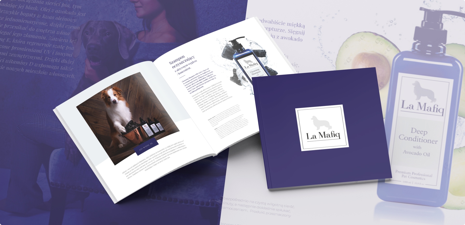 Zdjęcie katalogu marki La Marée, prezentującego kosmetyki dla zwierząt. Elegancki design, niebieskie akcenty i wysokiej jakości grafika podkreślają luksusowy charakter.