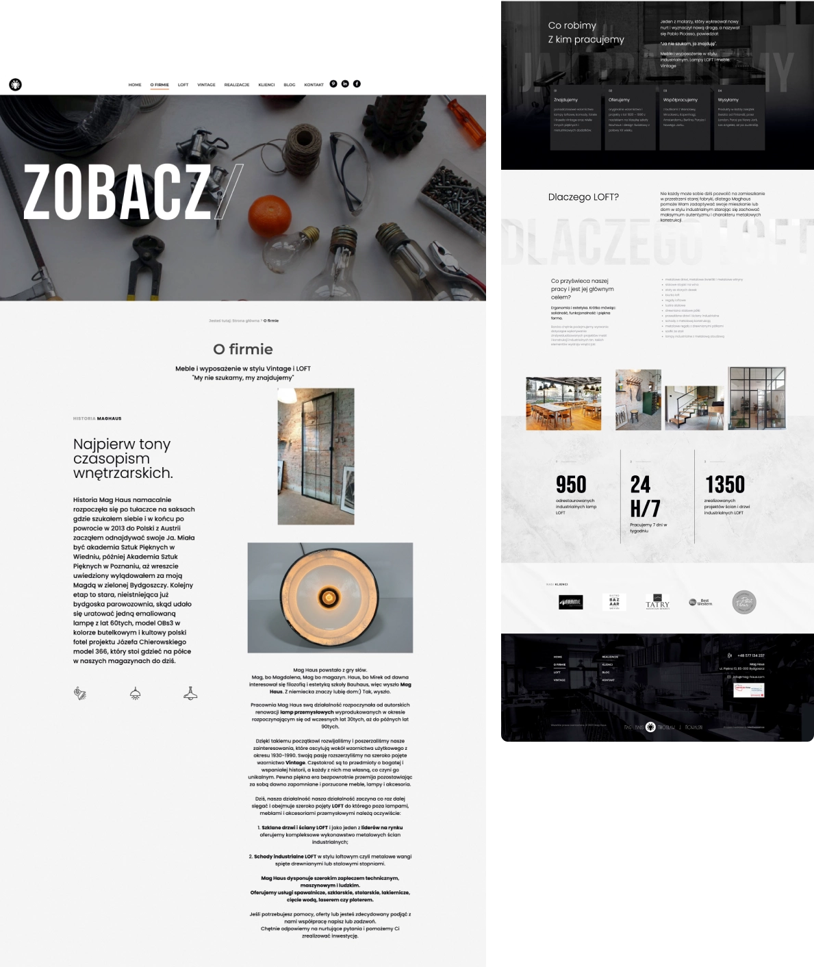 Strona internetowa Mag Haus – LOFT & Vintage. Główna sekcja „ZOBACZ/” opisuje historię marki i unikalne podejście do designu. Widoczne są statystyki: 950 zamówień, 1350 projektów, wsparcie 24/7.