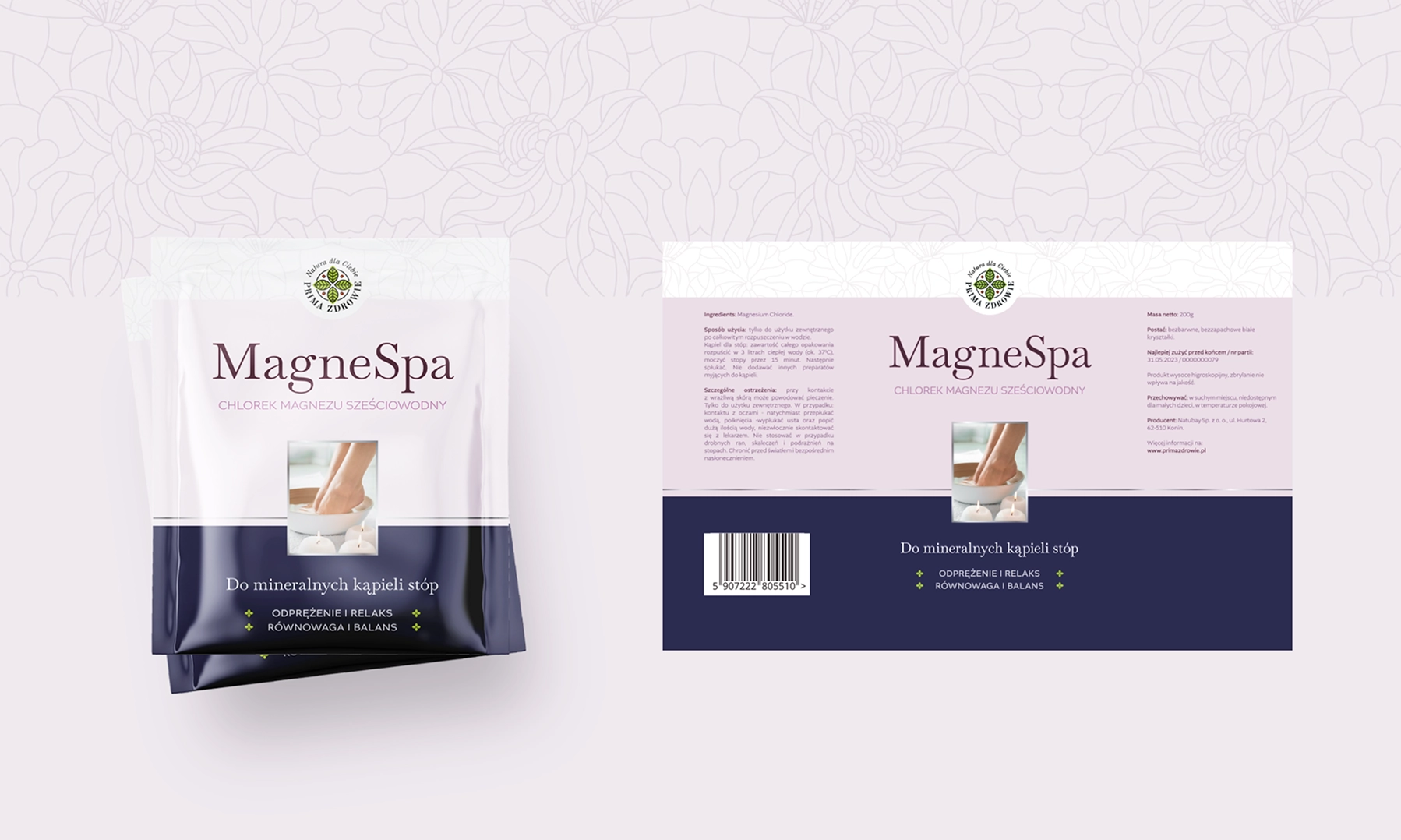 MagneSpa – chlorek magnezu do kąpieli stóp. Eleganckie opakowanie w bieli i granacie, relaks, równowaga, odprężenie. Zawiera instrukcję użycia i skład.