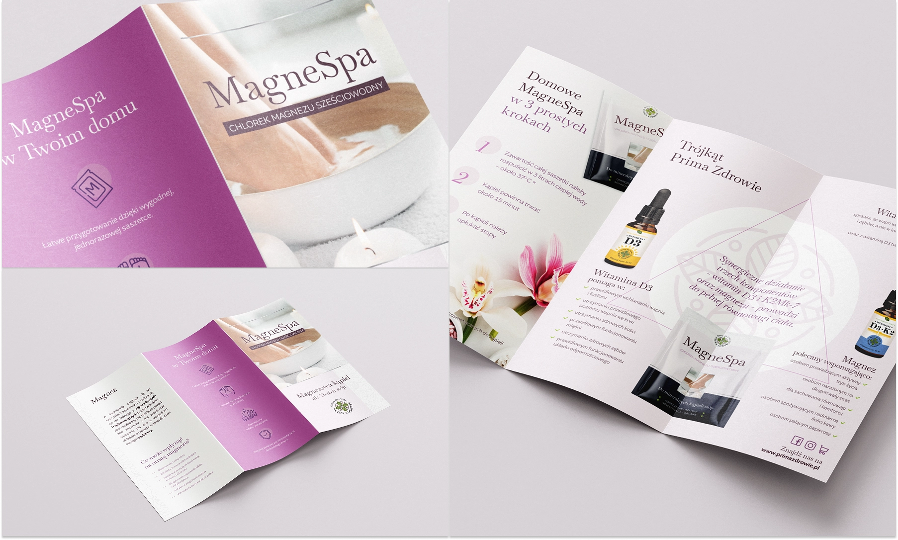 Elegancka ulotka MagneSpa w odcieniach fioletu i bieli. Zawiera opis produktu, sposób użycia i korzyści. Promuje też suplementy, tworząc „Trójkąt Zdrowia”.