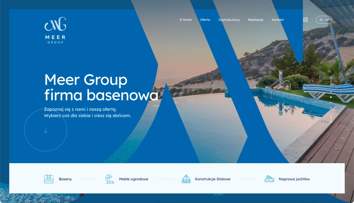 Strona Meer Group w eleganckim stylu prezentuje baseny, meble ogrodowe, konstrukcje stalowe i naprawę jachtów. Główne hasło podkreśla specjalizację firmy.