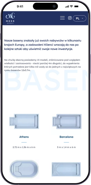 Po lewej stronie widoczne są modele basenów Athens i Barcelona z wymiarami, podkreślając popularność firmy w Europie.