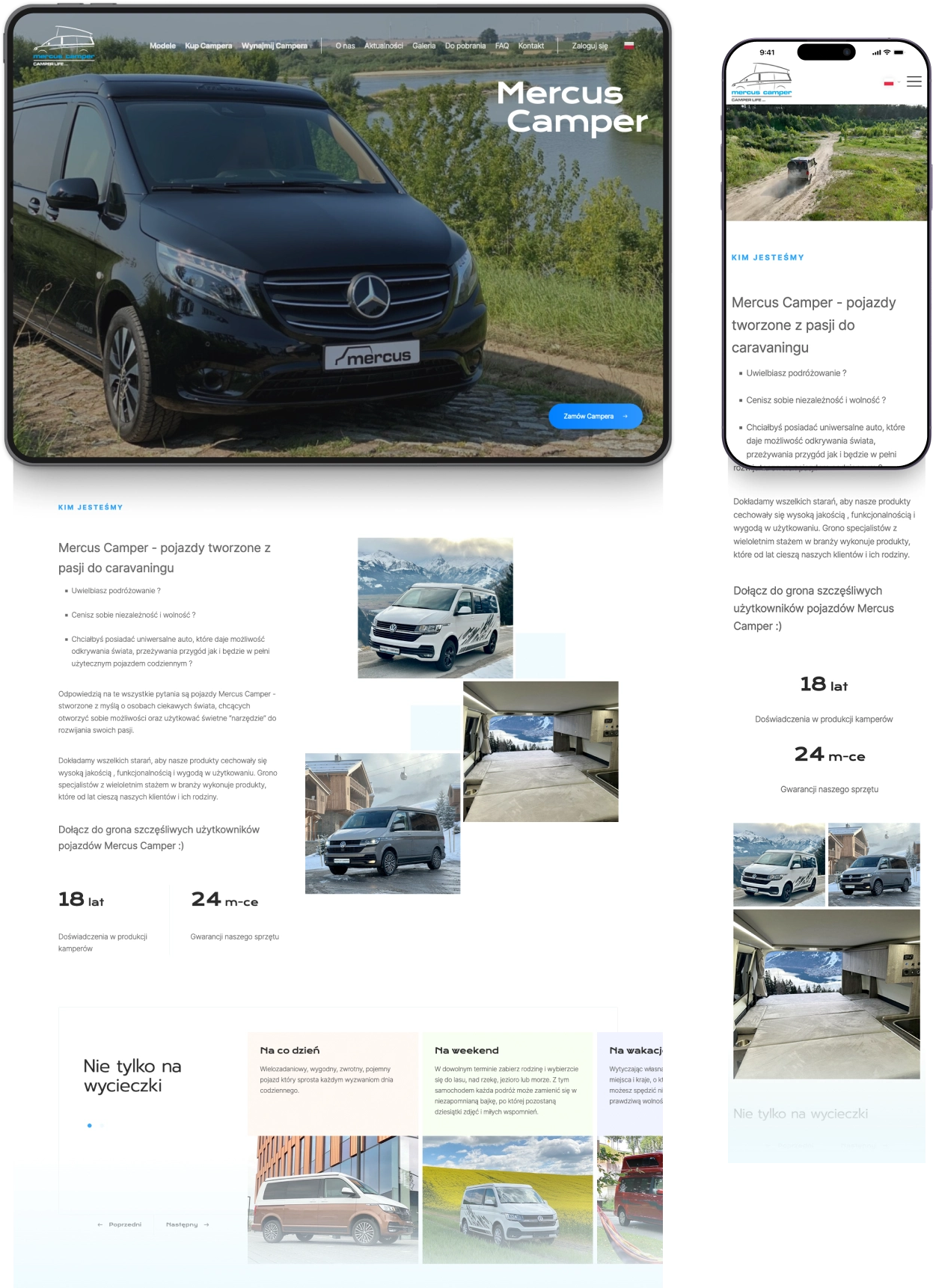 Strona Mercus Camper prezentuje luksusowe kampery oparte na Mercedesie, podkreślając 18-letnie doświadczenie firmy i 24-miesięczną gwarancję. Pokazuje wszechstronność pojazdów – do codziennego użytku, weekendowych wyjazdów i dłuższych podróży. Nowoczesny design zachęca do zamówienia kampera.