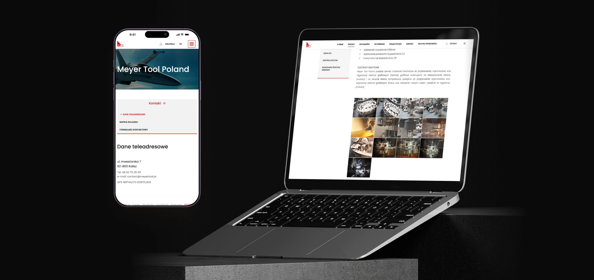 Zdjęcie przedstawia stronę internetową Meyer Tool Poland wyświetloną na smartfonie i laptopie. Na ekranie telefonu widoczna jest sekcja kontaktowa z danymi teleadresowymi firmy, natomiast laptop prezentuje stronę z informacjami o procesach technologicznych, w tym galerię zdjęć przedstawiających obróbkę komponentów.