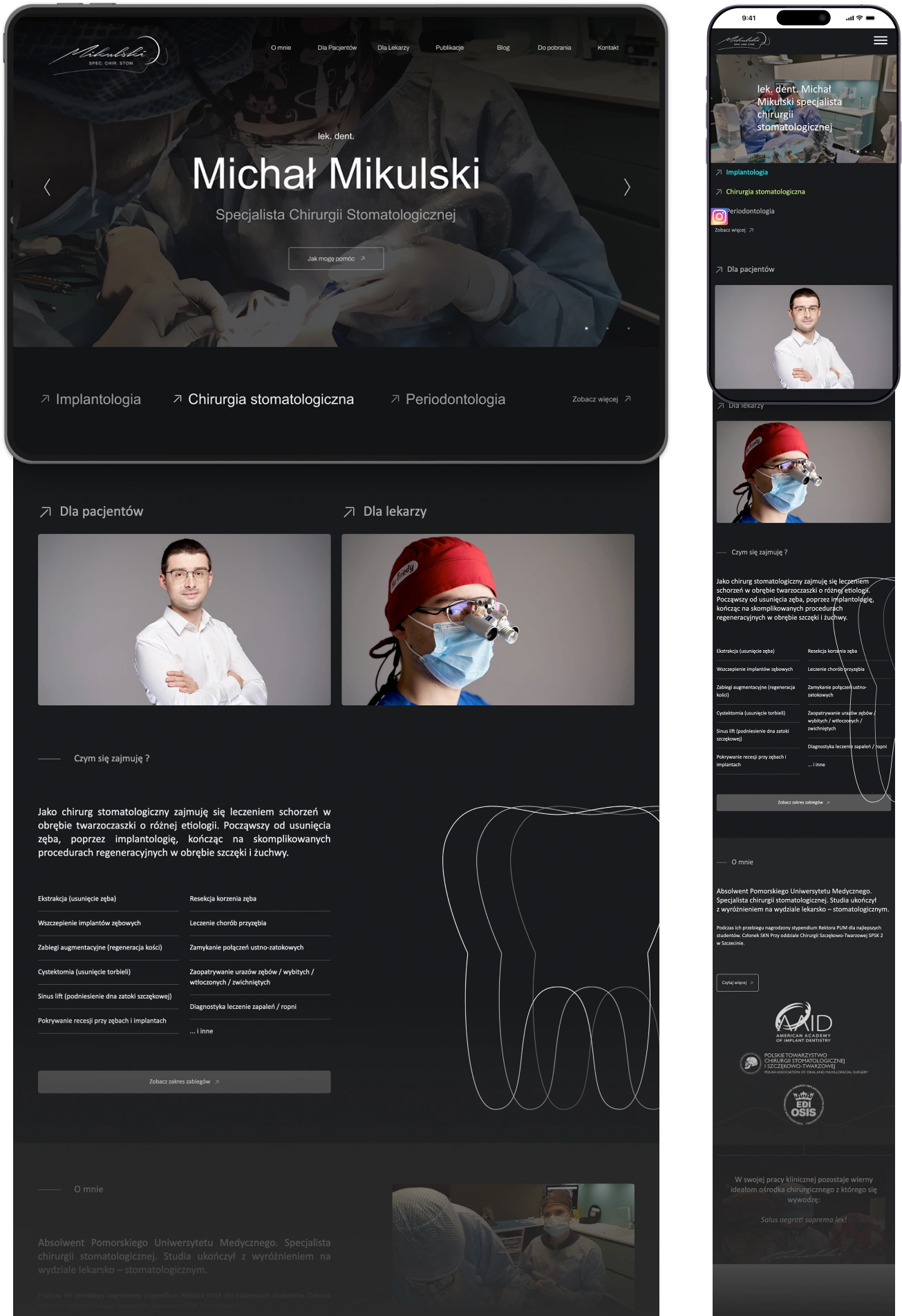 Strona chirurga stomatologicznego z sekcjami dla pacjentów i lekarzy. Widoczne zabiegi: implantologia, rekonstrukcja, leczenie przyzębia. Na dole biografia i zdjęcie z operacji.