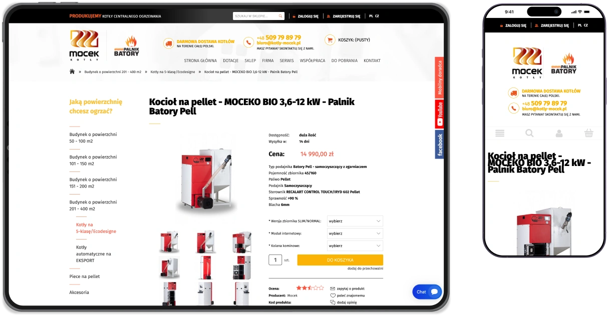 To strona produktu "Kocioł na pellet – MOCEKO BIO 3,6-12 kW – Palnik Batory Pell" w sklepie Mocek Kotły. Kocioł spełnia normy 5 klasy/Ecodesign, ma samoczyszczący palnik z gniazdem, sterownik TECH ST 850 Pellet, sprawność >90% i kosztuje 14 990 zł.