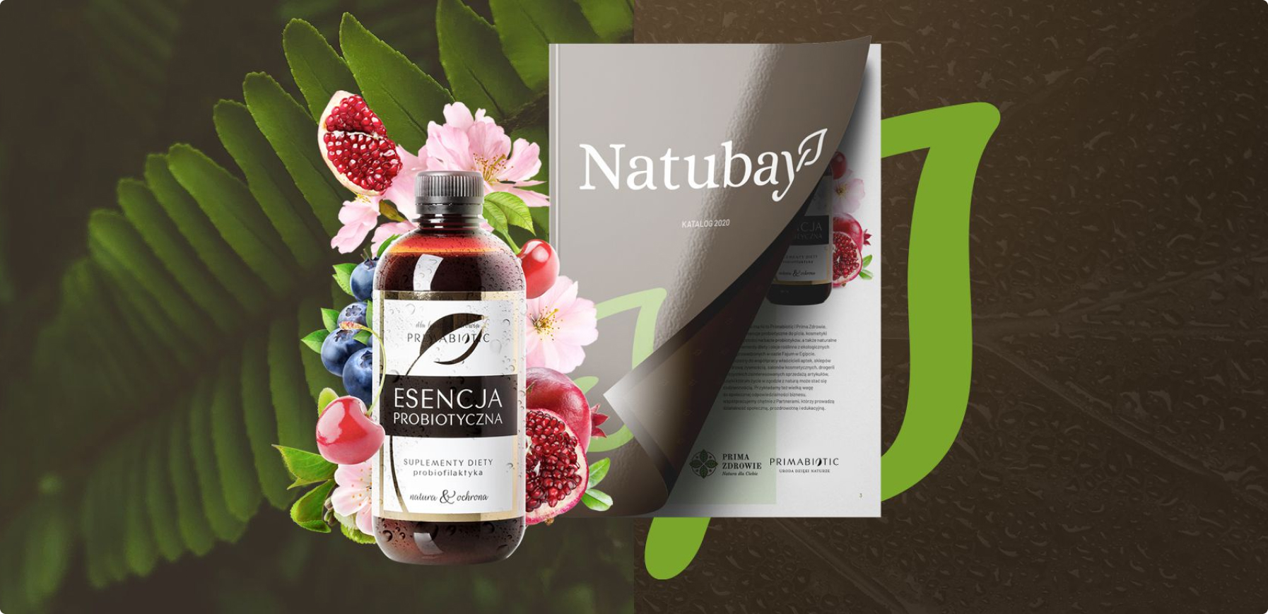 Esencja probiotyczna Natubay – naturalny suplement diety z maliną i owocem granatu. Elegancki katalog 2023 na tle zielonych liści podkreśla organiczny charakter.