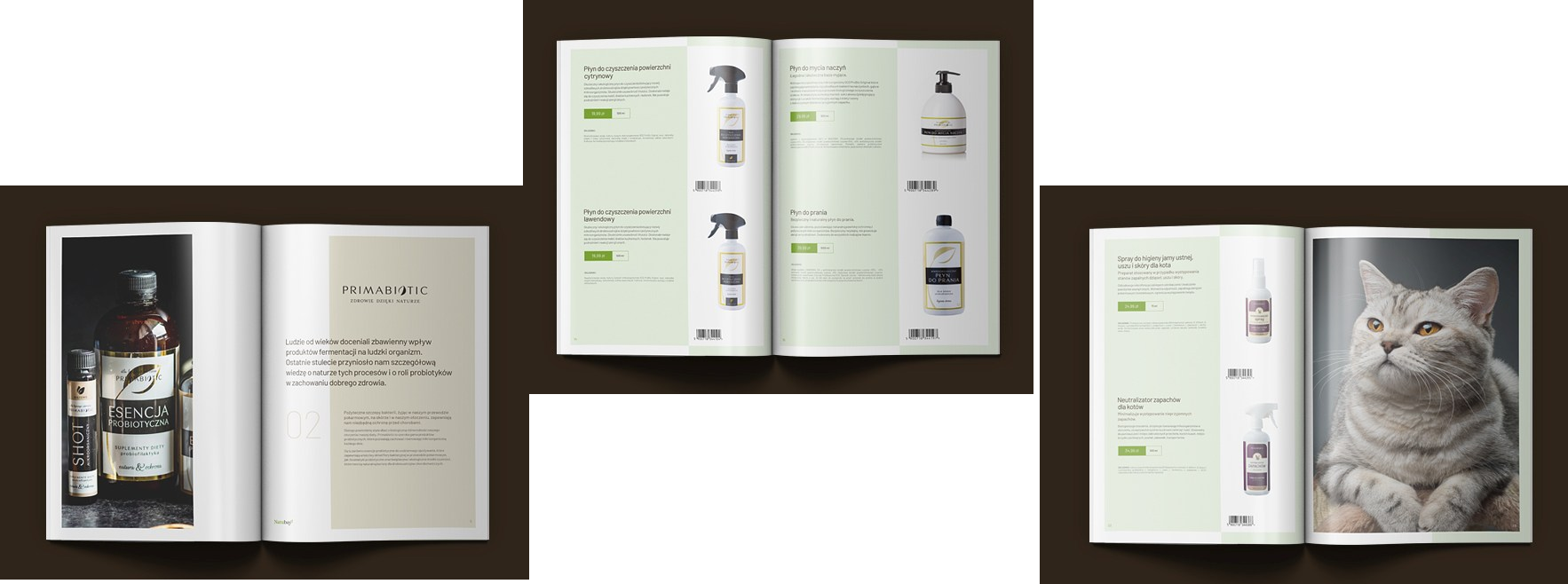 Strony katalogu Natubay prezentujące Esencję Probiotyczną i inne produkty. Elegancki design, naturalna kolorystyka i oferta dla ludzi oraz zwierząt domowych.