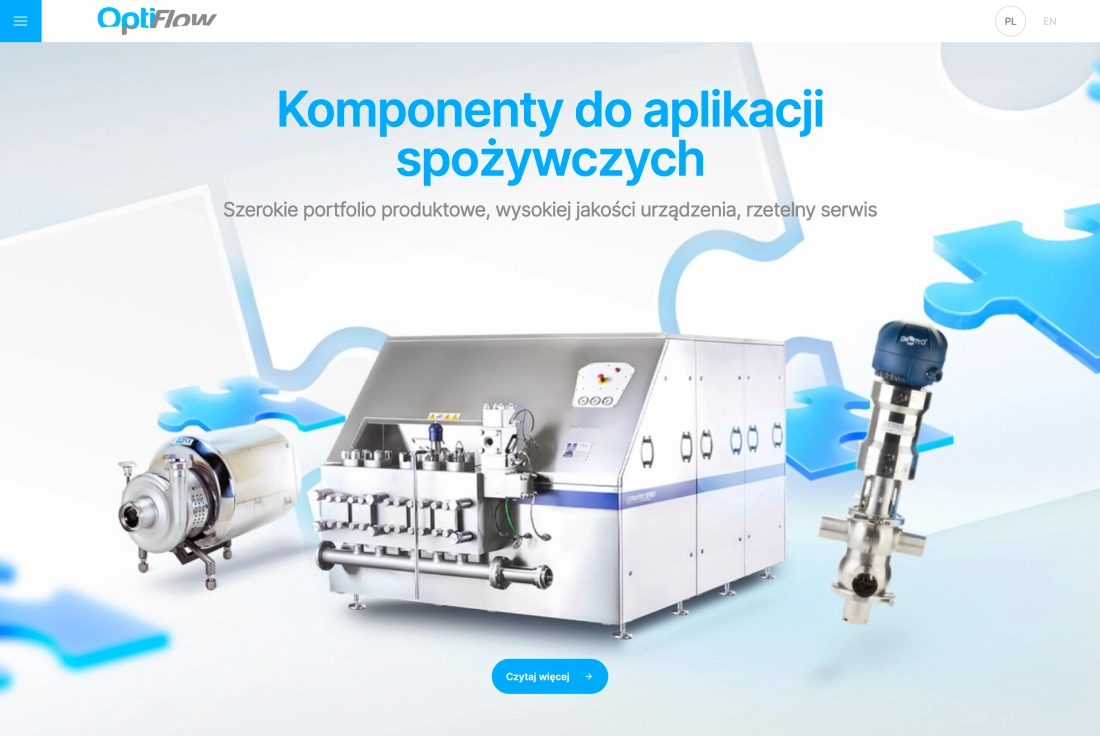 Strona internetowa OptiFlow prezentuje komponenty do aplikacji spożywczych. Na ekranie widoczna jest oferta firmy, podkreślająca wysoką jakość urządzeń i rzetelny serwis.