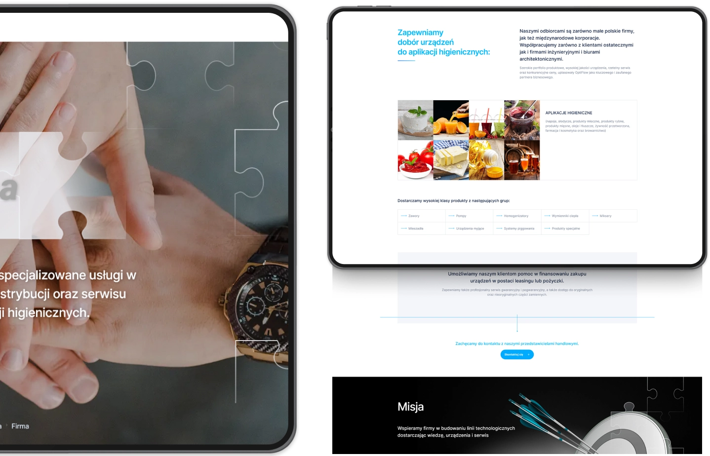 Strona internetowa OptiFlow przedstawia firmę i jej usługi związane z doborem urządzeń do aplikacji higienicznych. Zawiera sekcję misji i oferowane produkty, takie jak zawory, pompy i urządzenia dla przemysłu spożywczego.