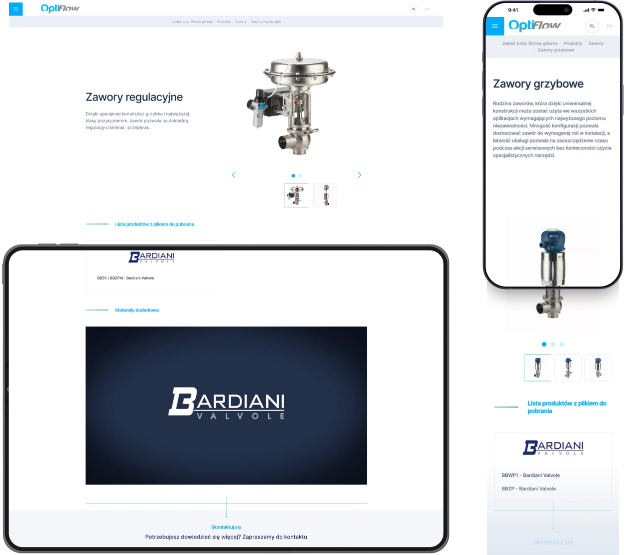 Obraz pokazuje stronę OptiFlow na tablecie i smartfonie, prezentującą zawory regulacyjne i grzybowe z opisami produktów.