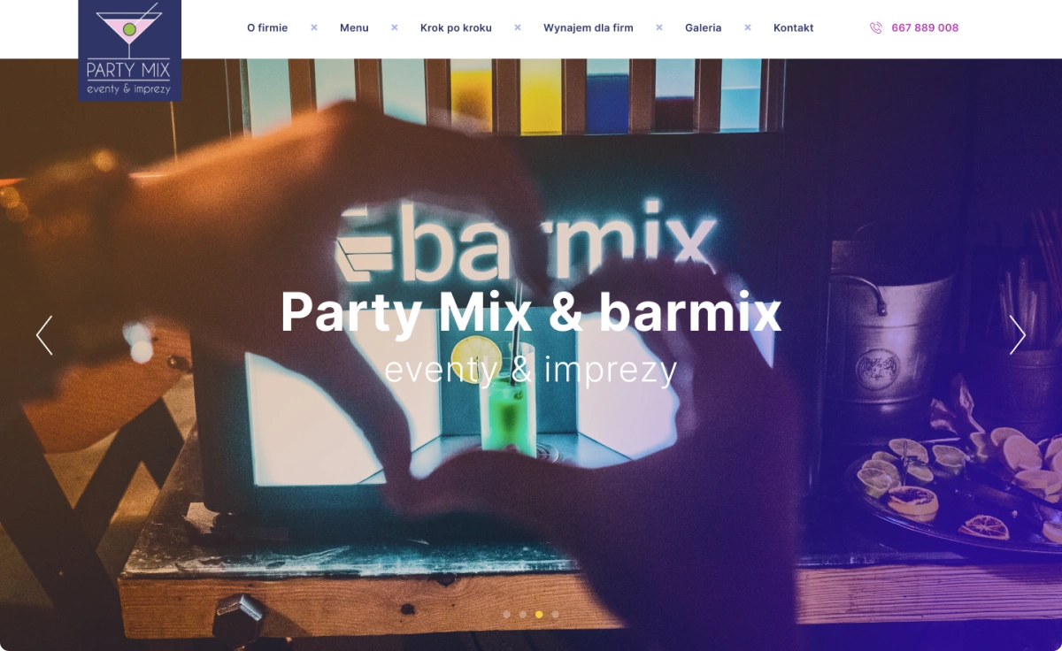 Na zdjęciu widoczna jest strona firmy Party Mix & Barmix, która organizuje eventy i imprezy.